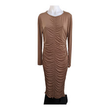 MinkPink Size XL Ruched Jersey Sheath Midi Dress Brown Crew Neck Long Sleeves