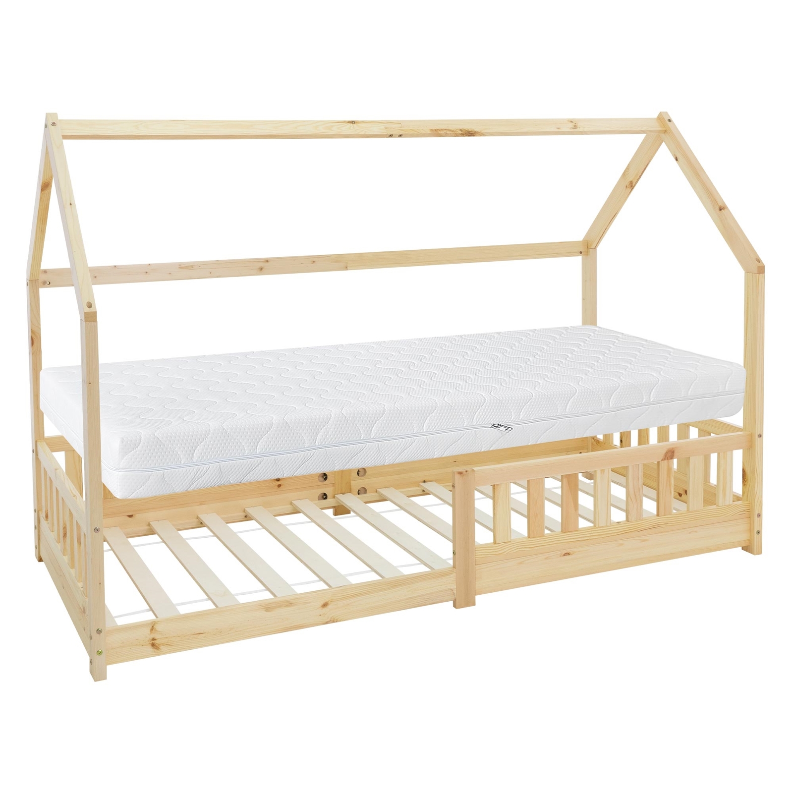 Cama infantil tipi anticaída forma de casa madera natural, con colchón 90x200 cm