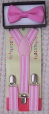Kids Boys Girls Pink Adj Pre-Tied Bow Tie Pink White Stripes Y-Back Suspenders-3