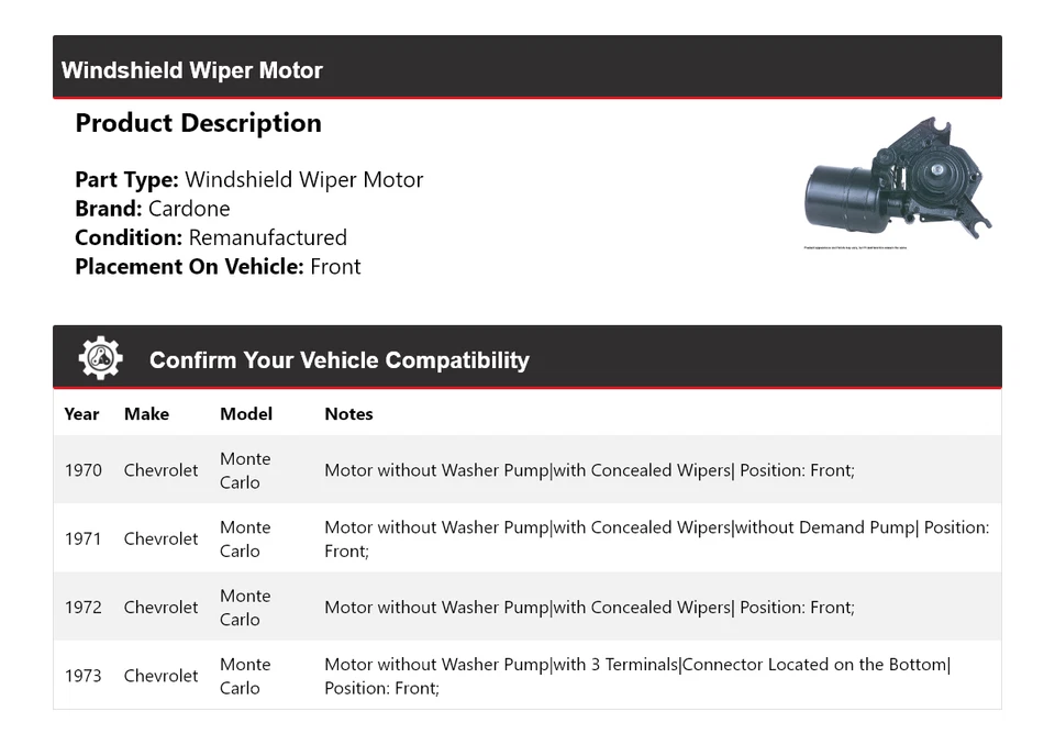Para Chevrolet Monte Carlo 1970-1973 Limpiaparabrisas Motor Delantero Cardone 1971 Foto 2 de 4