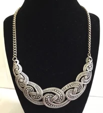 You and i Swirled Open Work Necklace Cresent Bar Black Shadowed Silver Tone