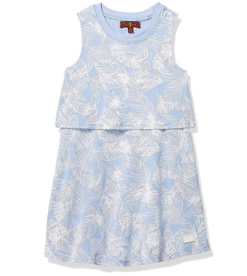 7 FOR ALL MANKIND GIRLS BLUE PALMS PRINT SLEEVELESS COTTON 2-FER DRESS Sz M