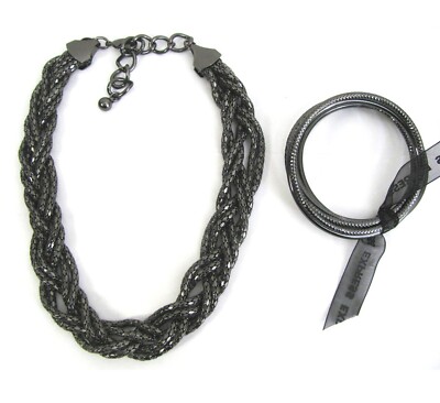 Express Braided Necklace with 5 Bangles Gunmetal Black Bracelet Set