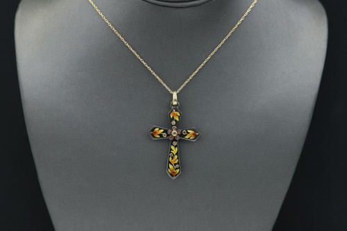 Fire Enamel Cross 18k Yellow Gold and Silver Diamonds & Sapphire Nouveau style - Picture 9 of 9