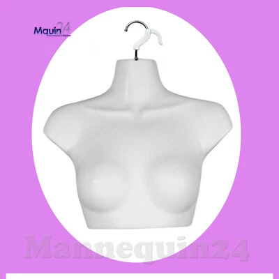 DISPLAYTOWN FEMALE CHEST TORSO DRESS FORM with REMOVAL HANGER - WHITE MANNEQUIN