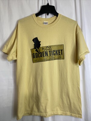 Gildan Willy Wonka Golden Ticket T-Shirt Mens Large Yellow Excellent Graphic Tee
