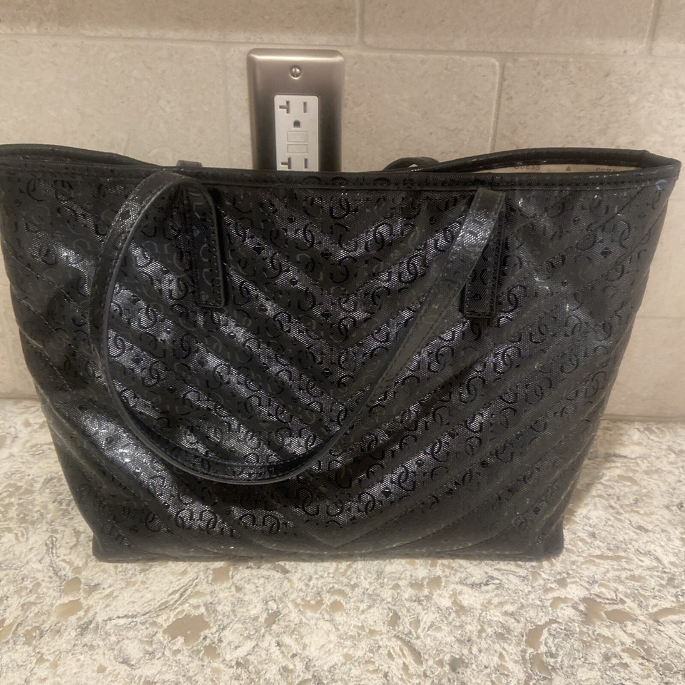 Guess Black Nylon Tote Shoulder Bag Three Zip Compartments Roomy Double
