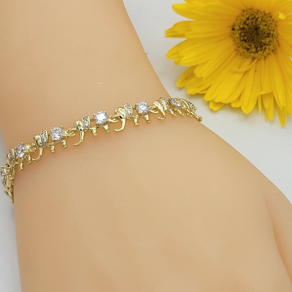 Alternate view of 14k Color Gold Plated Elephant Chain Bracelet. Good Luck. Pulsera Oro Laminado