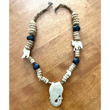 Vintage Africa Elephant Bovine Natural Carved Stone Pendant Necklace Fetish 