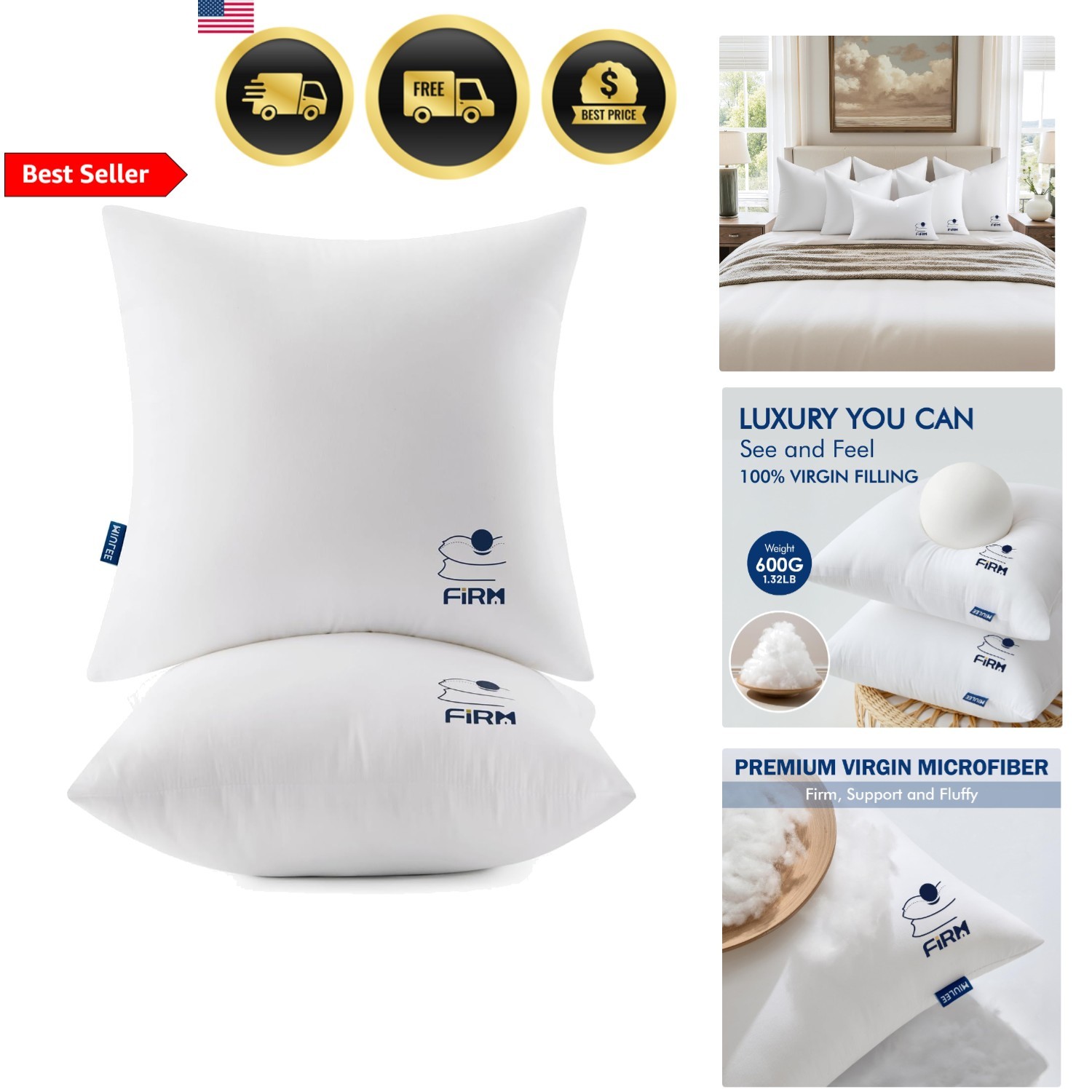 20x20 Inch Pillow Inserts Set of 2 Plush Firm Support Decora