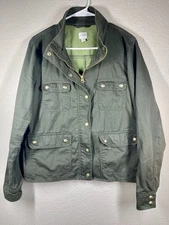 J Crew Cotton Canvas Large Women’s Jacket Green Khaki Pockets Gold Barn Style