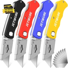 4 Pack Folding Utility Knife with Extra 10Pcs Blades, Box Cutters for Home, Offi