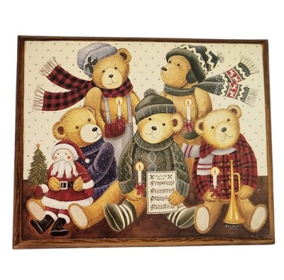 Vtg 1985 Nita Showers Christmas Teddy Bears Carolers Wooden Plaque Wall Folk Art