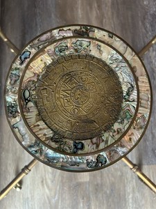 Copper Decorative Plate With Abalone Shell Inlay - Aztec Calendar