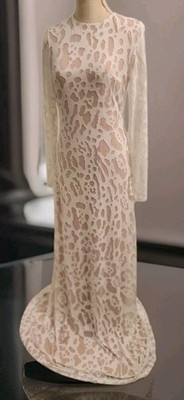 Y2K New Gown Halston Sz6 Adele Lg Sleeve White Leopard Sheer Fit Flare Note Nwot