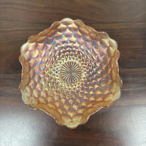 1915 Marigold Dugan Carnival Glass Iridescent Bowl Ruffled Fish scale & Beads