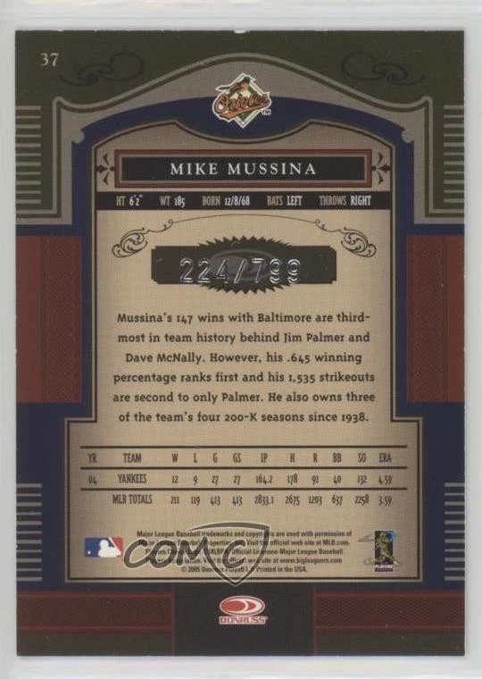 2005 Donruss Timeless Treasures /799 Mike Mussina #37 HOF - Image 2 of 2