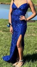 Blue Sequin Prom Formal Maxi Dress With Slit Lace Up Open Back Windsor XS