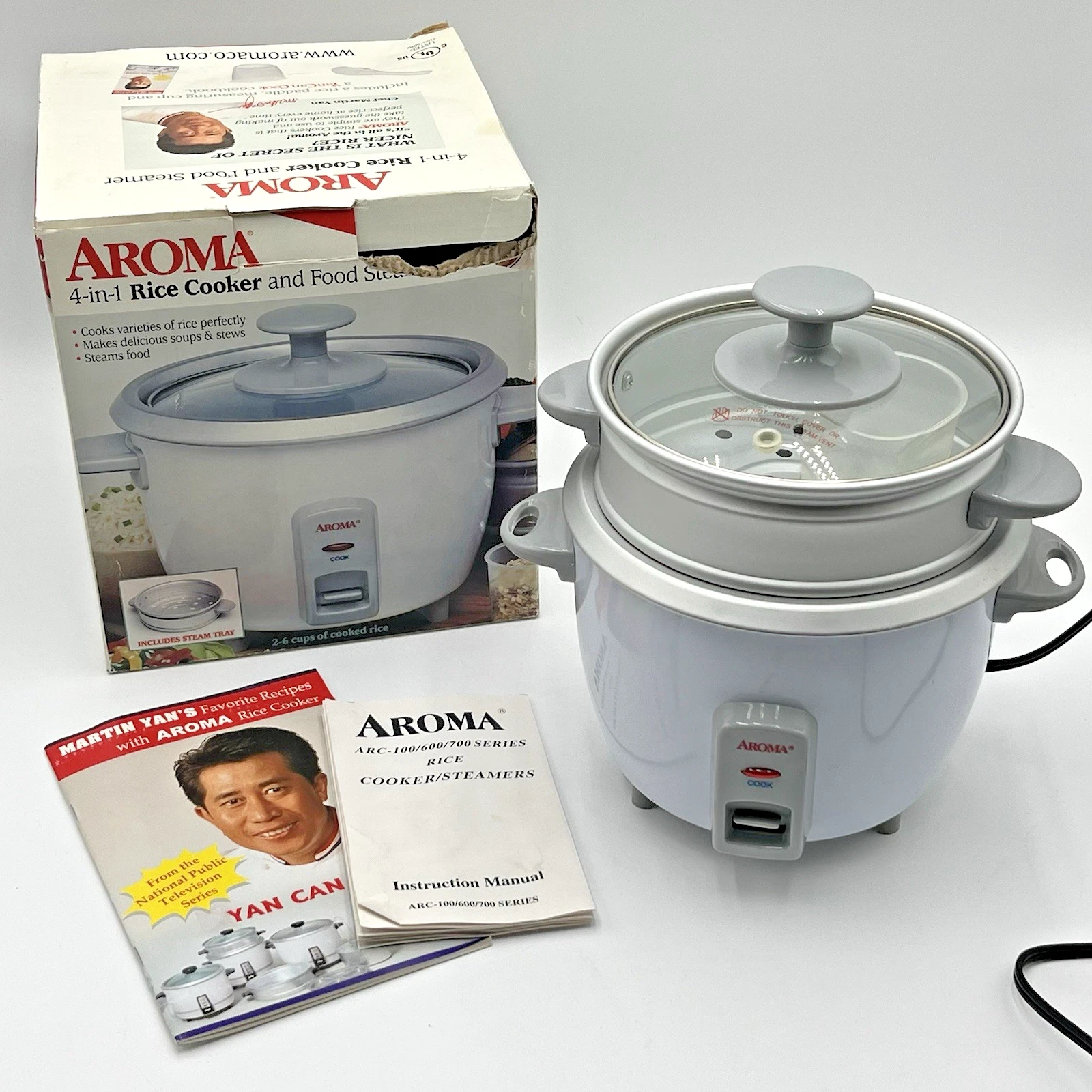 Aroma ARC-703-1G Rice Cooker Steamer 3 Cup White w/ Lid Bowl Measuring Cup Box