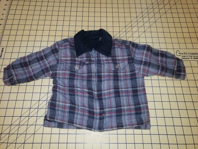Vtg Faded Glory Boys 12M Plaid Blue Trucker Flannel Button Down Full Zip Jacket