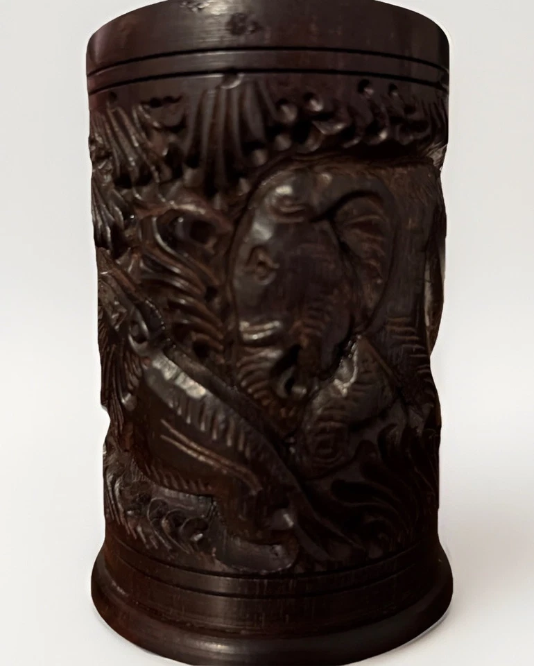 Antigua olla china tallada a mano de madera Bitong figura elefantes Foto 2 de 4