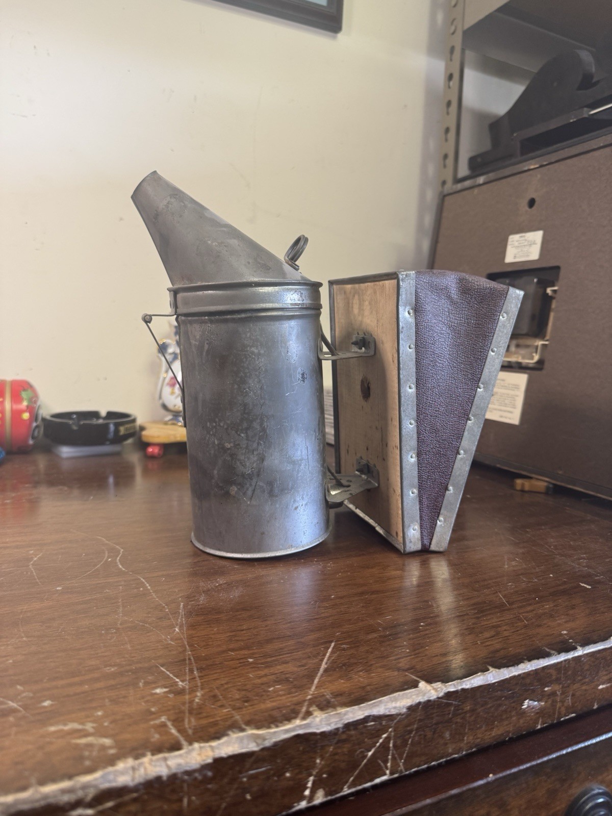 Vintage Hive Smoker with Wood & Leather Bellows for Beekeeping