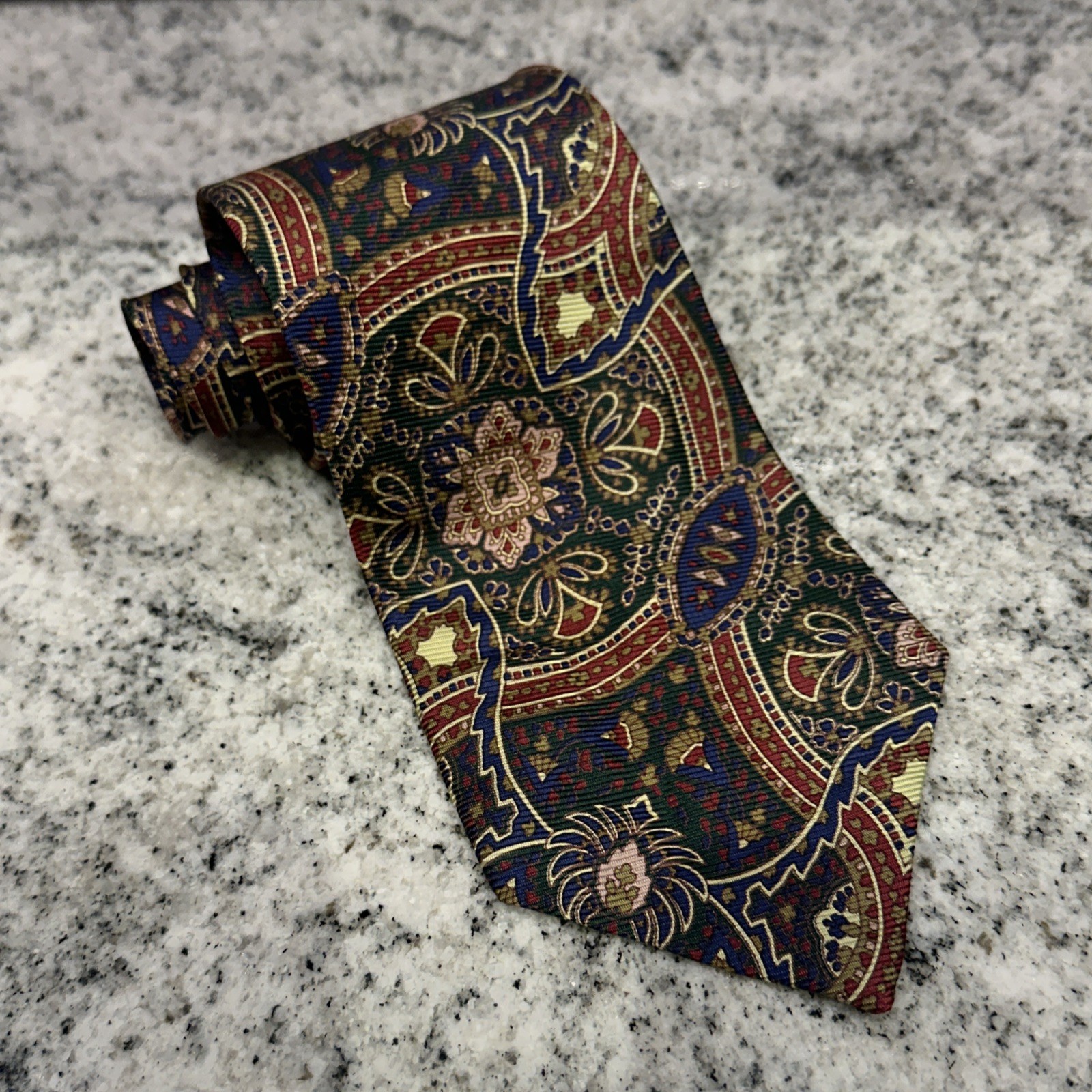 Vintage Polo Ralph Lauren Hand Made in USA 100% Silk Tie Navy Burgundy Red Gold