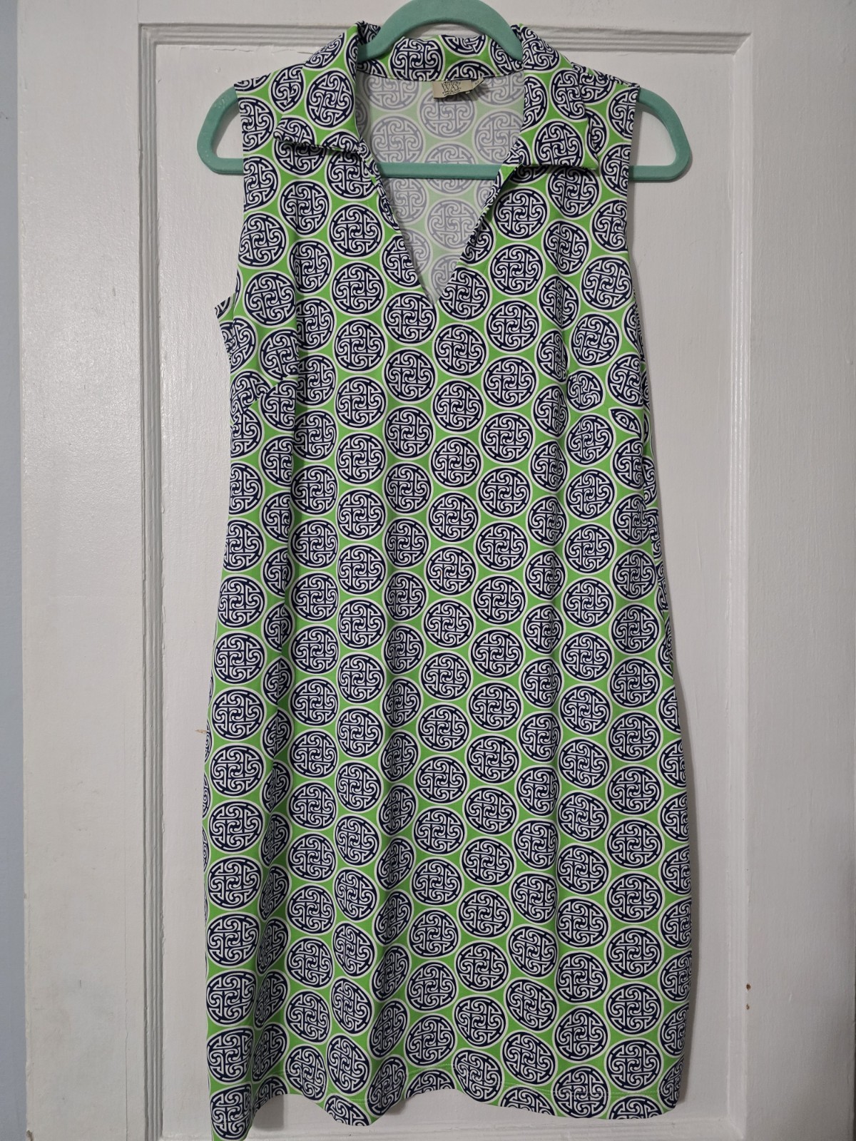 Katherine Way St Regis Geometric Sleeveless Dress Size Medium Green Blue