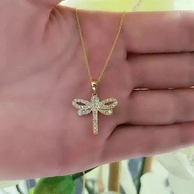 1.22Ct Round Cut Lab Created Diamond Dragonfly Pendant 14k Two Tone Gold Plated