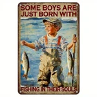 Vintage Fishing Cute Boy Fish Tin Metal Signs Home Décor Wall Art 8x12
