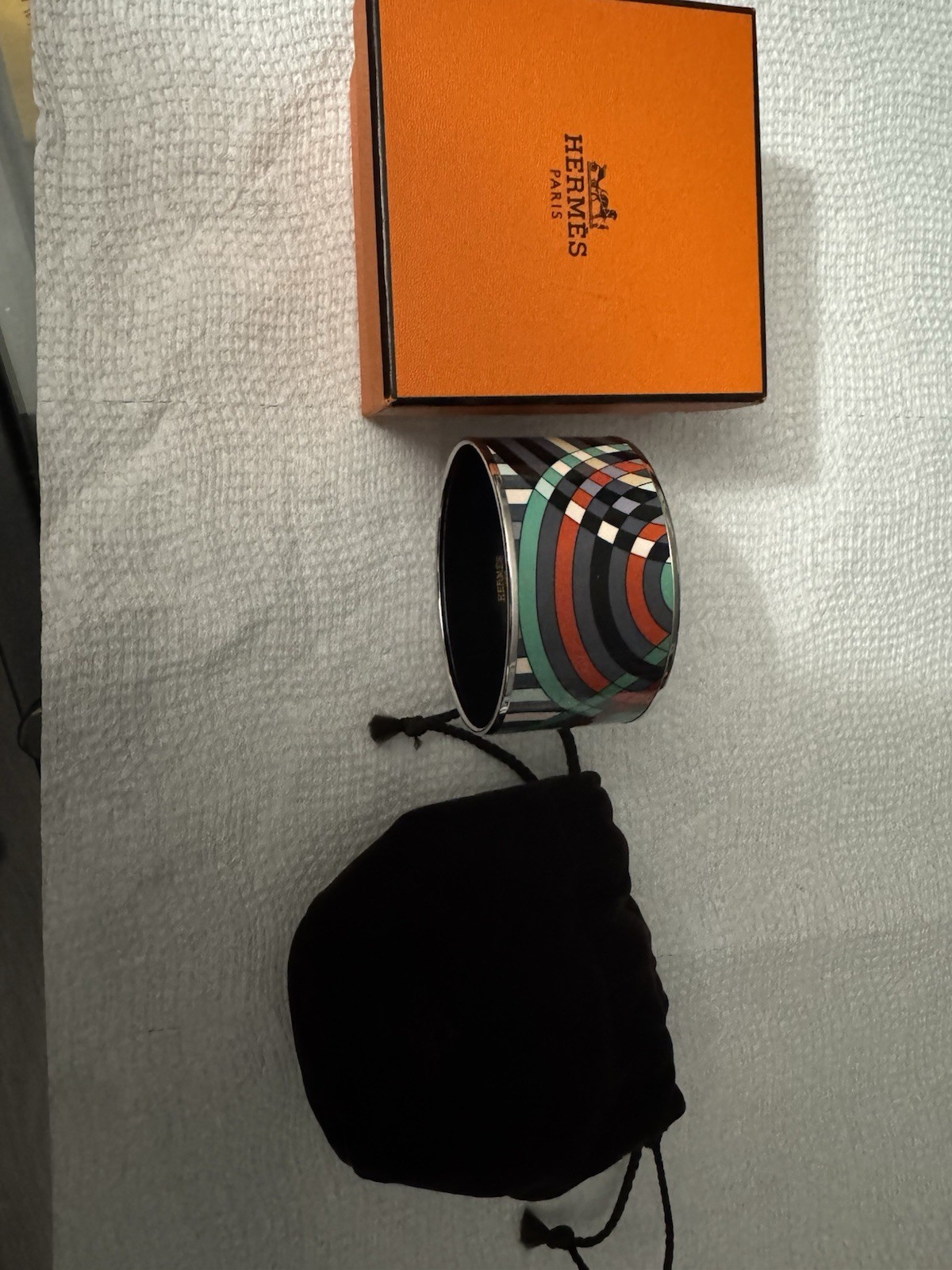 Hermes Balcon du Guadalquivir Black White Enamel Silver Bangle Bracelet 65mm-image