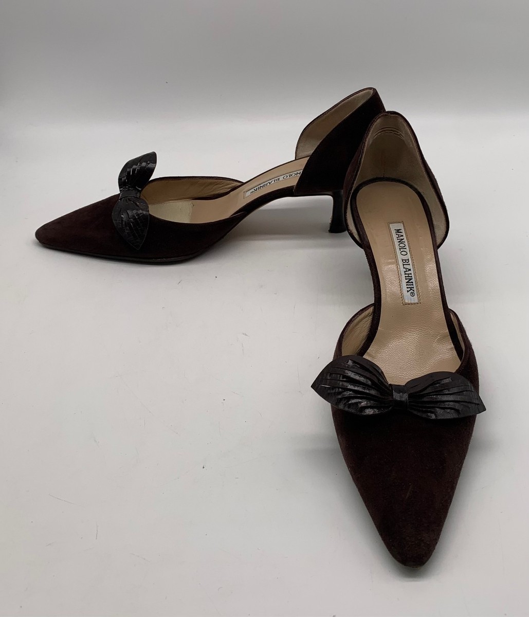 Manolo Blahnik Women Brown Suede D'Orsay Kitten Heel Pumps sz 38.5