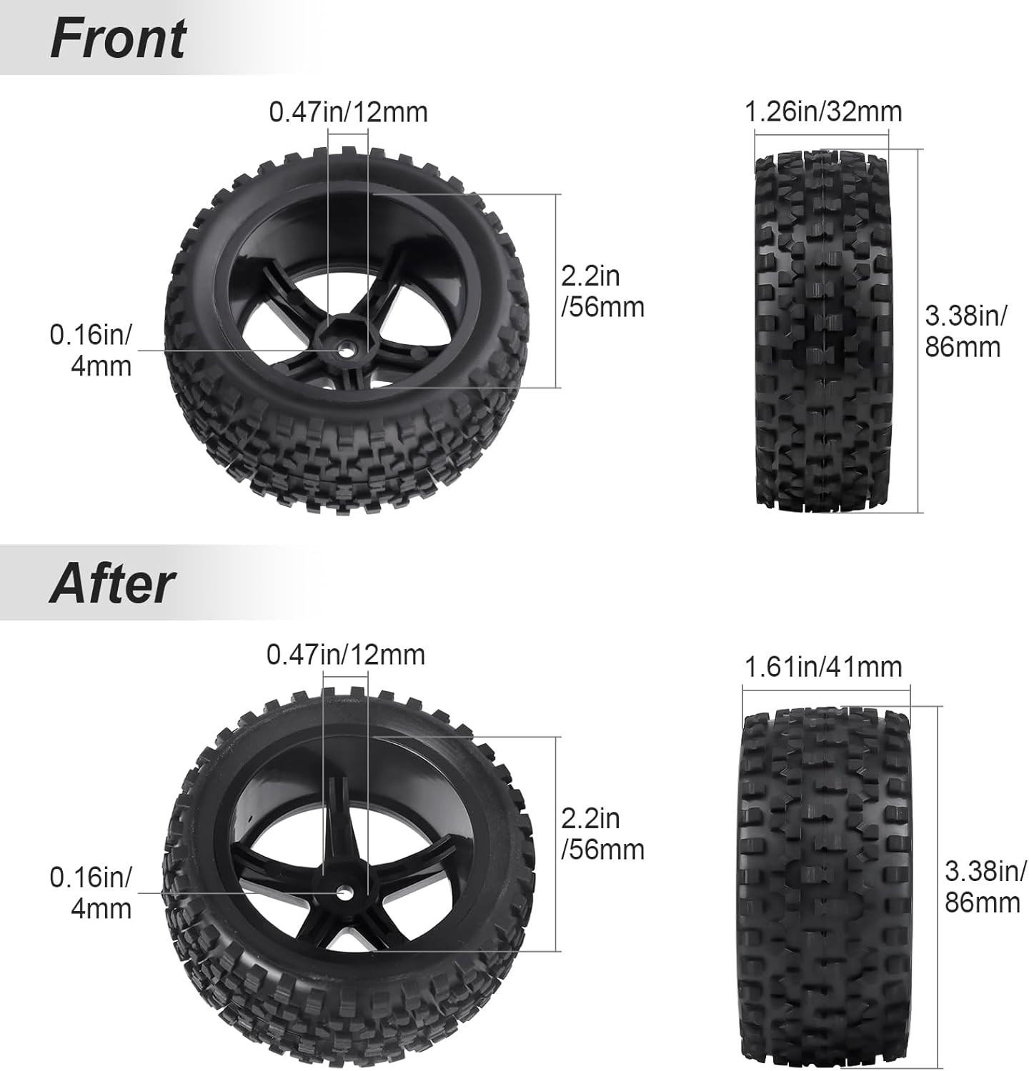 12mm Hex RC Buggy Tires and Wheels Front & Rear for 1/12 1/10 Scale Models Ca...