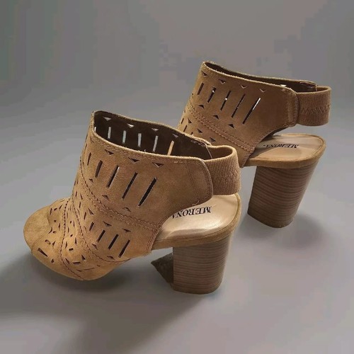 High Block Sandals Women's 9.5 Suede Cutout Ankle Booties Cognac Peep Toe Shoes - Picture 2 of 11