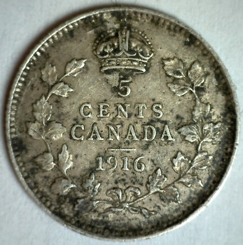 1916 Canada 5 Cents Silver Coin Very Fine 5c Canadian Ruler George V ...