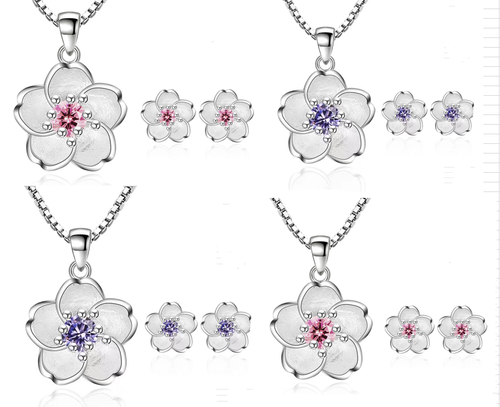 925 Sterlingsilber Lila Rosa Kristall Blume Halskette Ohrringe Schmuck Set