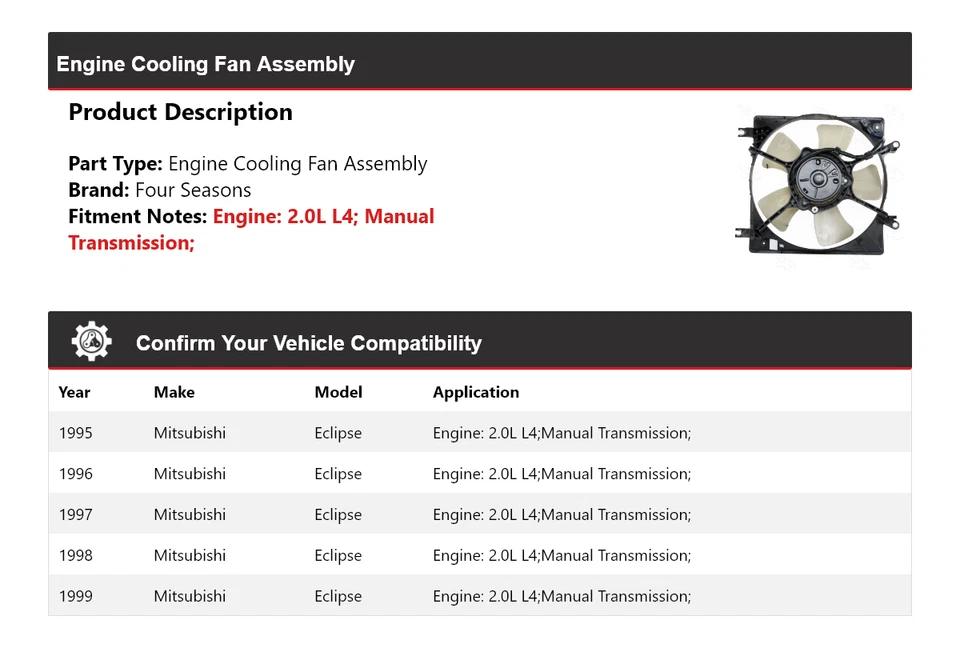 Conjunto de ventilador de refrigeración del motor L4 2,0 L 1995-1999 4 estaciones Foto 2 de 4