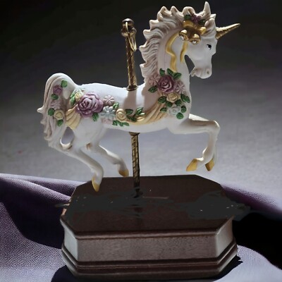 Unicorn Merry Go Round Figurine Adorned With Roses On Musical