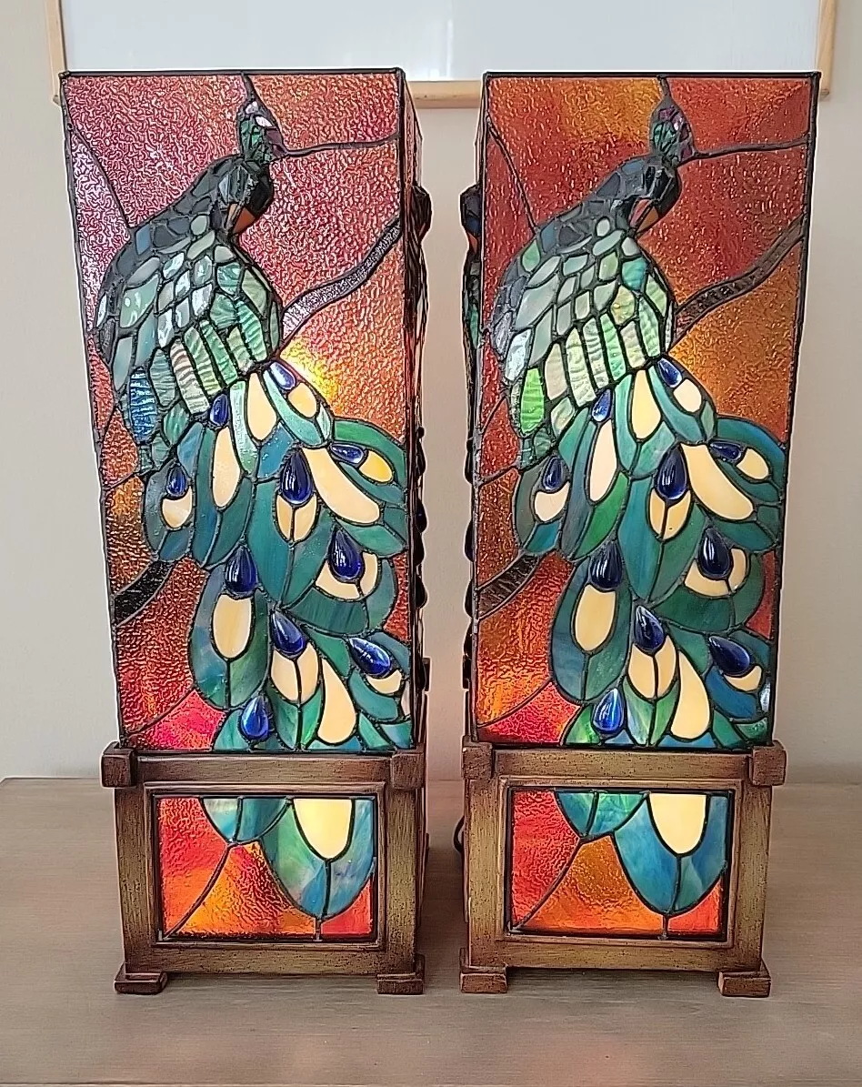 Peacock Tiffany Style Stained Glass Table Pillar Lamp Set Colour Creations 24