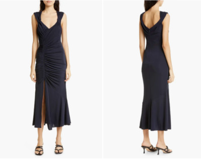 CINQ A SEPT Navy Blue Ruched Pleated Draped Hi-Slit Cocktail Midi Dress 8 = M  
