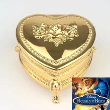 SANKYO GOLD TIN ALLOY HEART MUSIC BOX :  BEAUTY AND THE BEAST