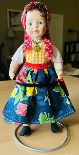 Varina Portugal Costume Porcelain Doll on Stand, Souvenir, 8.5" H x 3.5" W - Picture 1 of 6