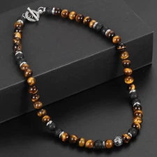 Men's 8mm Natural Tiger Eye Lava Bead Necklace Stainless Steel Toggle 18/20/24"