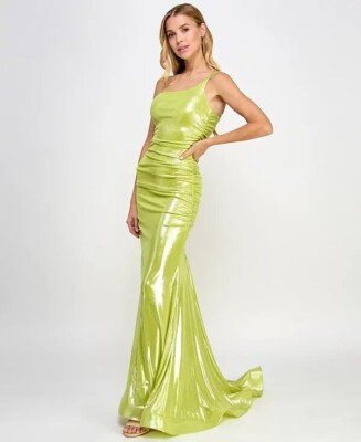 b darlin formal dresses B Darlin Juniors' Metallic One-Shoulder Gown Lime Silver Size 11/12 $129