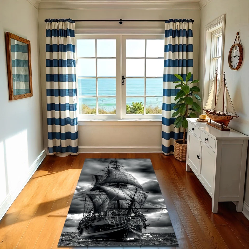 Alfombra Barco Pirata Blanco y Negro Alfombra Náutica Tropical Océano Alfombra Decoración Foto 2 de 3