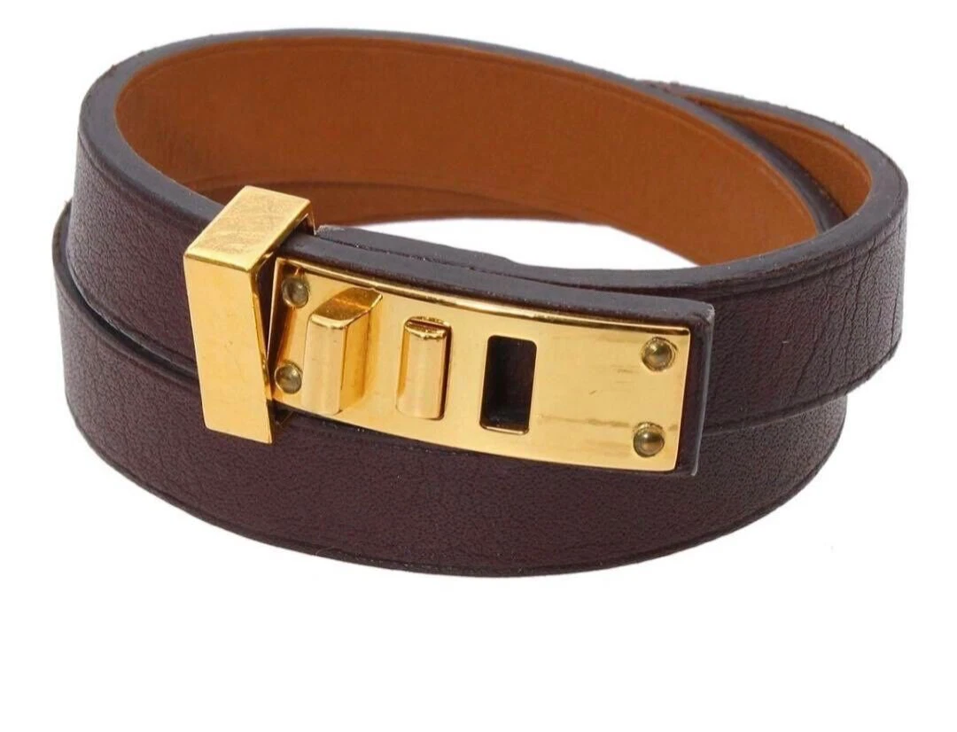 HERMÈS HERMES Mini Bracciale Cane Doppio Tour Pelle Marrone Scuro Oro Ferramenta 32cm