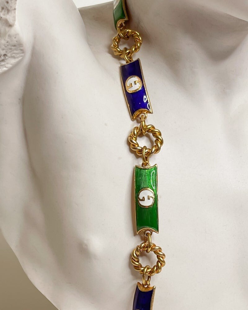5055 激レア☆GUCCI オールドグッチ チェーンベルト ブルー 青 Vintage Gallery Rococo OLD GUCCI 世界No.1のコレクション！