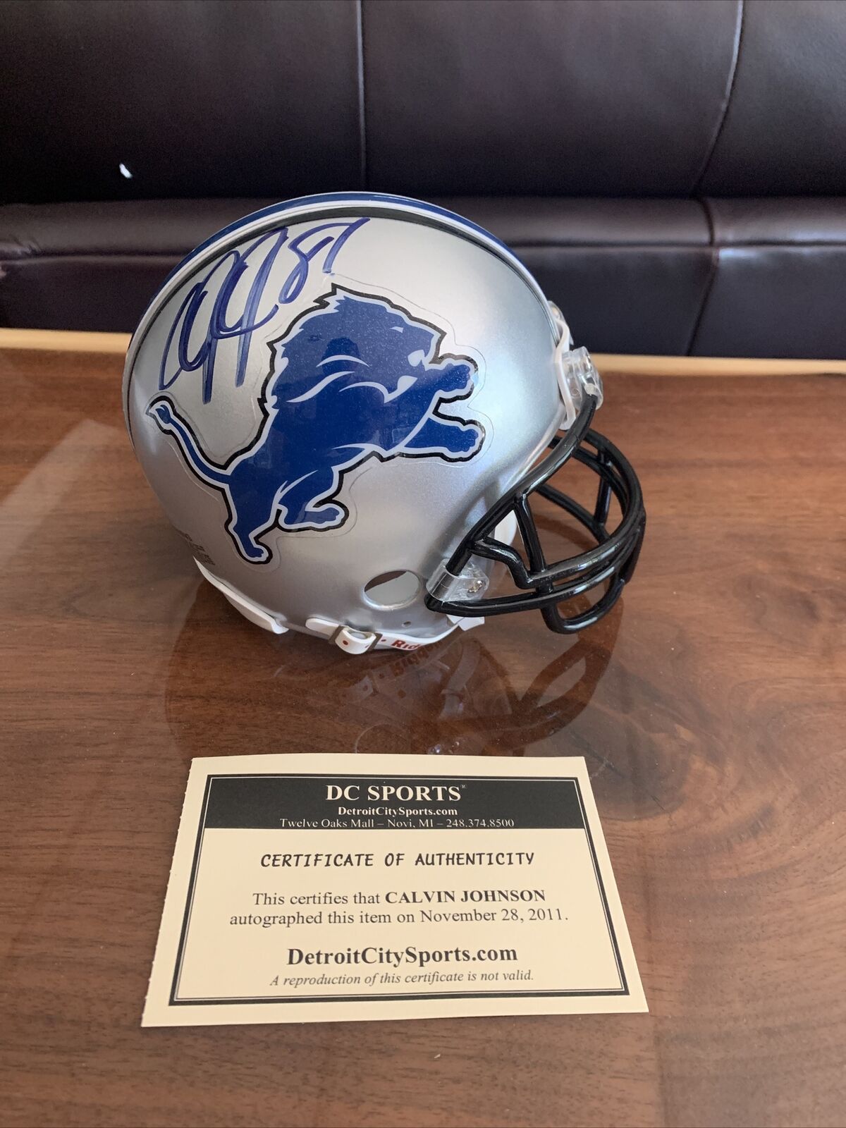 Calvin Johnson Autographed Detroit Lions Mini Helmet. DC Sports Authentic