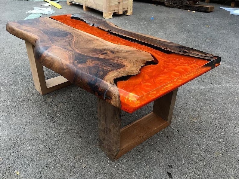 Orange Epoxy LIve Egde Table Top, Epoxy Dining Table, Walnut Wood Epoxy Table-image