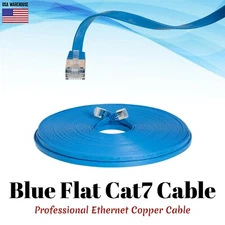 Flat Cat7 Ethernet Patch Blue Cable 6 10 20 25 30 50 75 100 FT U/FTP LAN Lot